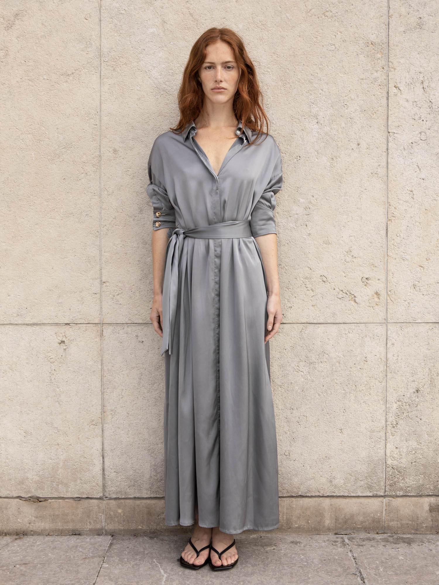 Maxe - Robe Chemise Satin Gris