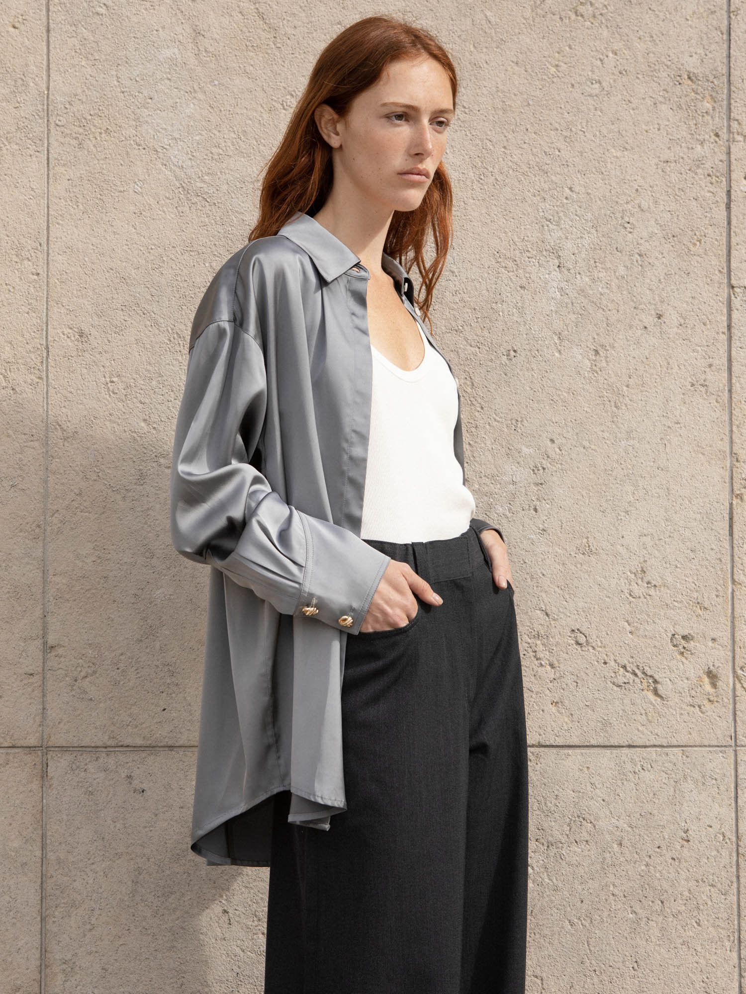 Willy - Chemise Oversize Satin Gris
