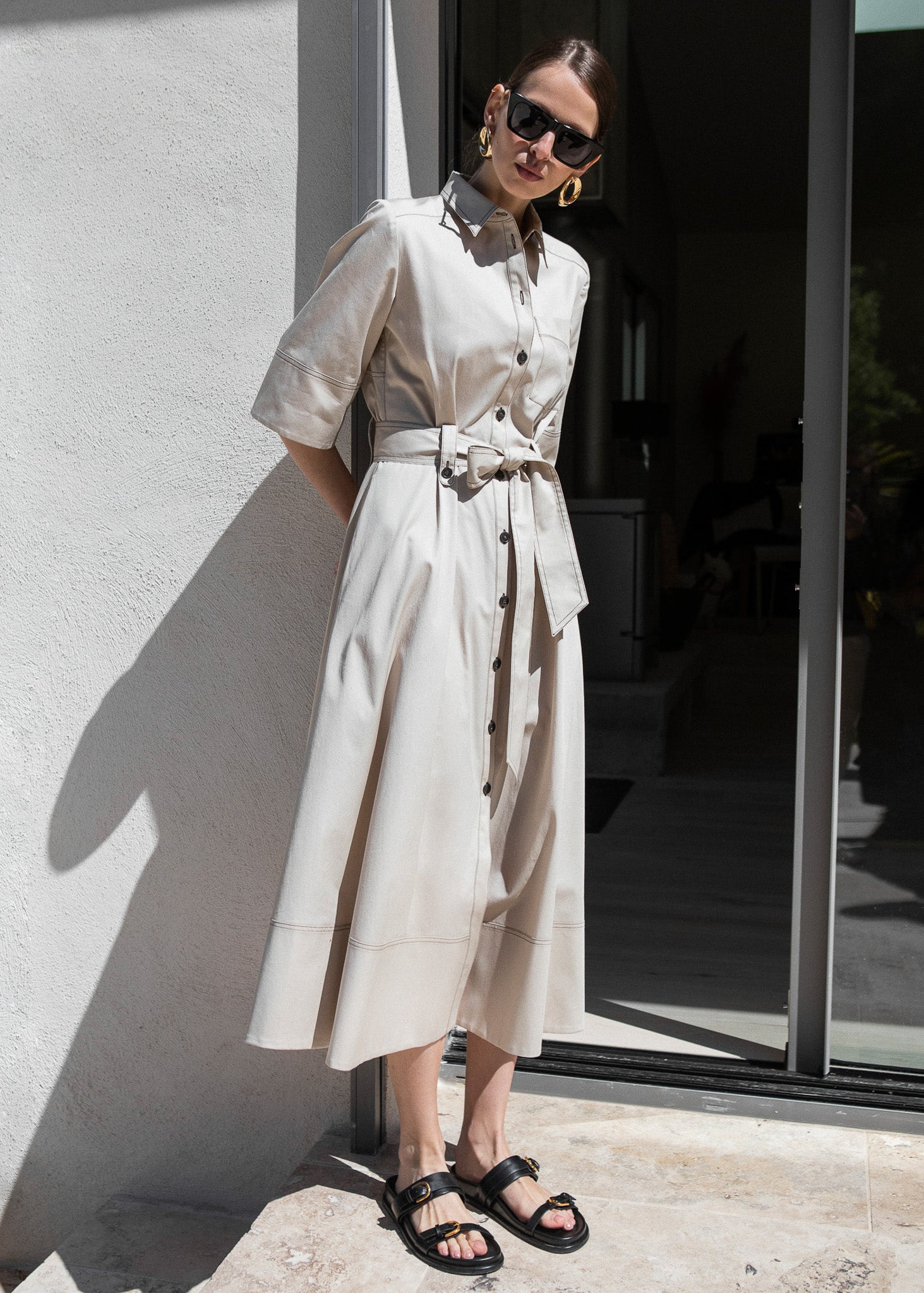 Women's Long Beige Shirt Dress - Cotton Twill, Belt | WASTE Paris Women's Long Beige Shirt Dress - Cotton Twill, Belt | WASTE Paris