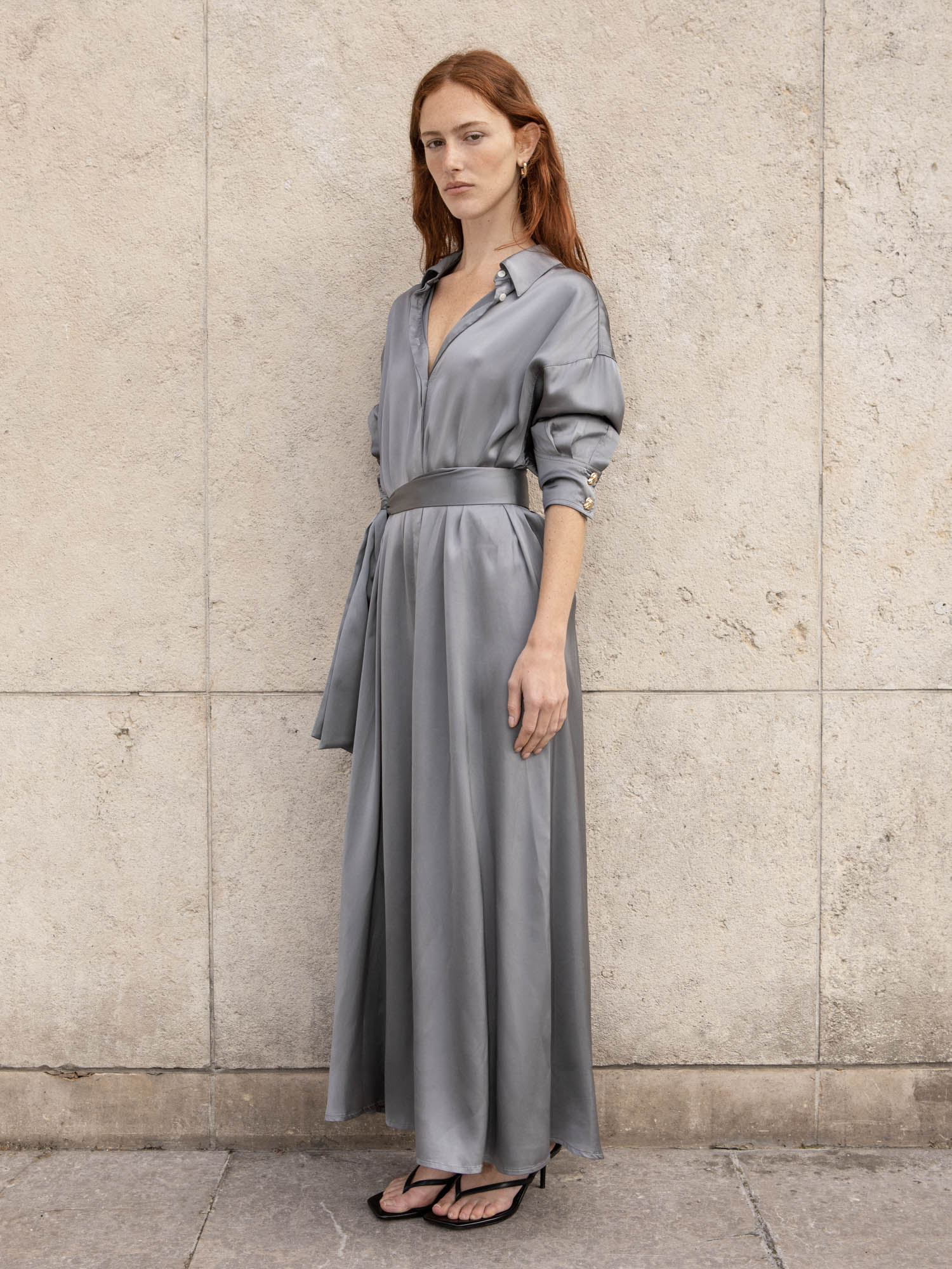 Maxe - Robe Chemise Satin Gris